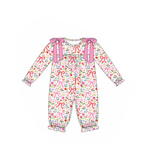 Preorder LR2387 Girls Flower Floral Bows Pink Long Sleeve Romper 202507