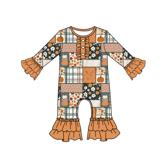 Preorder LR2388 Girls Flower Pumpkin Orange Ruffle Long Sleeve Romper 202507