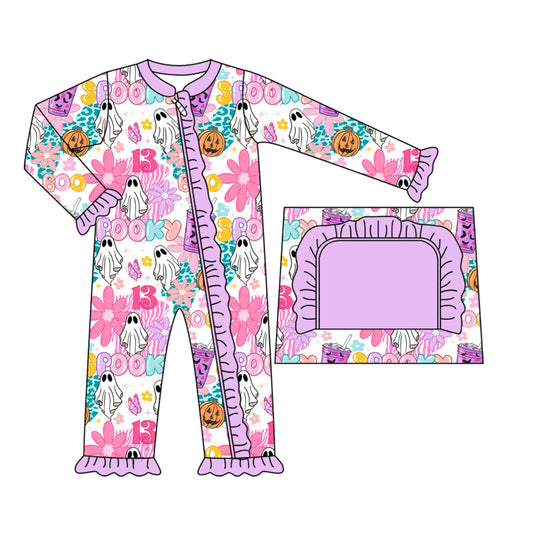 Preorder LR2391 Girls Halloween Ghost Purple Ruffle Zippy Long Sleeve Romper 202507
