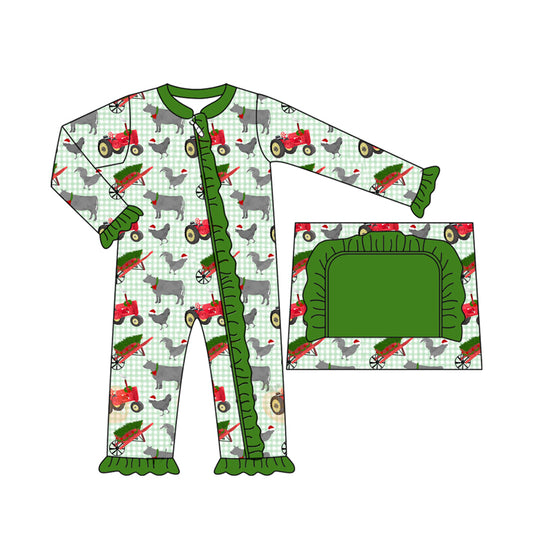 Preorder LR2399 Christmas Farm Trucks Animals Girls Green Ruffle Zippy Long Sleeve Romper 202507