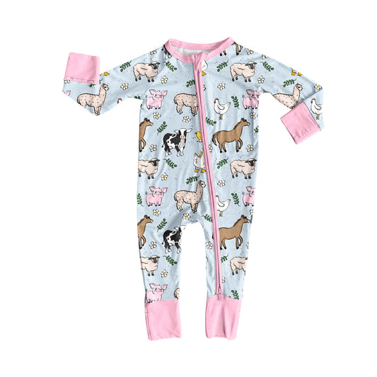 Preorder LR2401 Farm Animals Girls Pink Zippy Long Sleeve Romper 202507