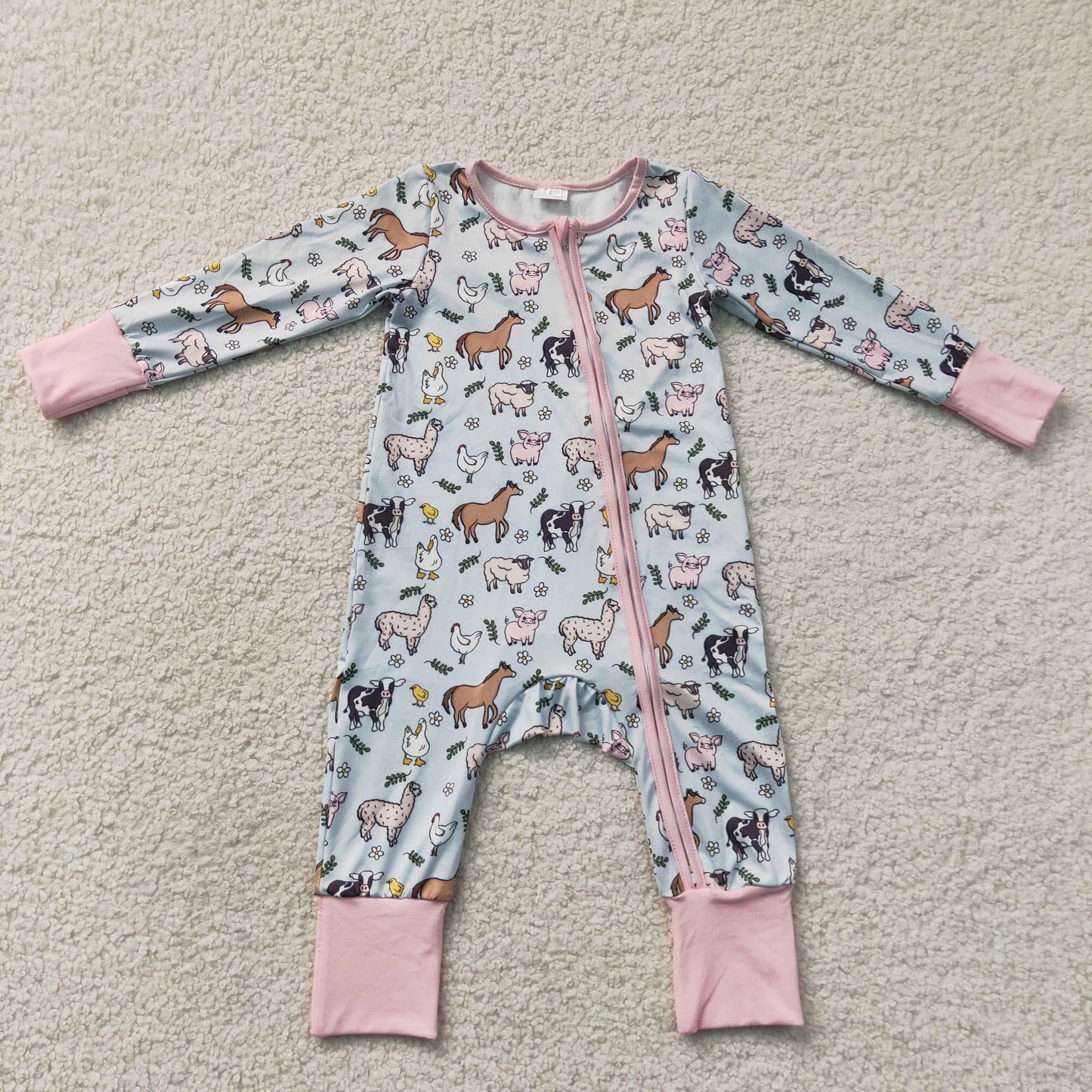 LR2401 Farm Animals Girls Pink Zippy Long Sleeve Romper 202607 RTS
