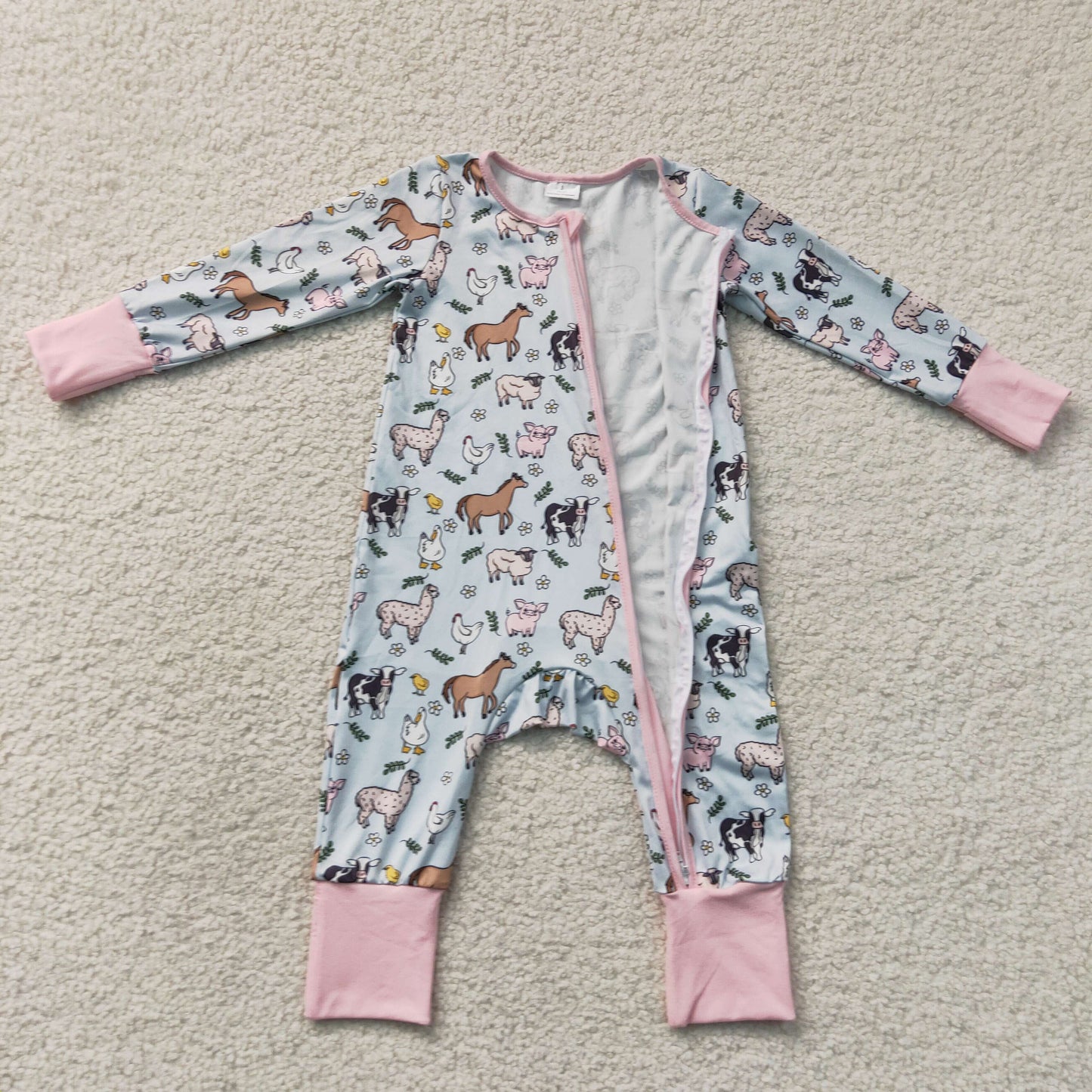LR2401 Farm Animals Girls Pink Zippy Long Sleeve Romper 202607 RTS