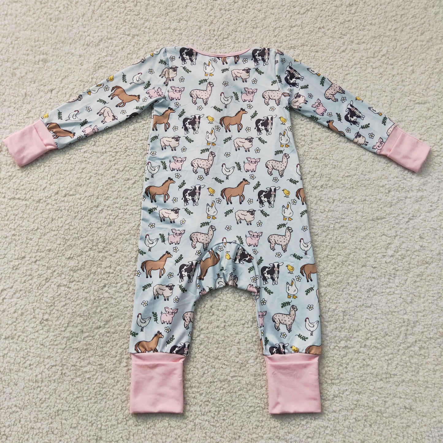 LR2401 Farm Animals Girls Pink Zippy Long Sleeve Romper 202607 RTS