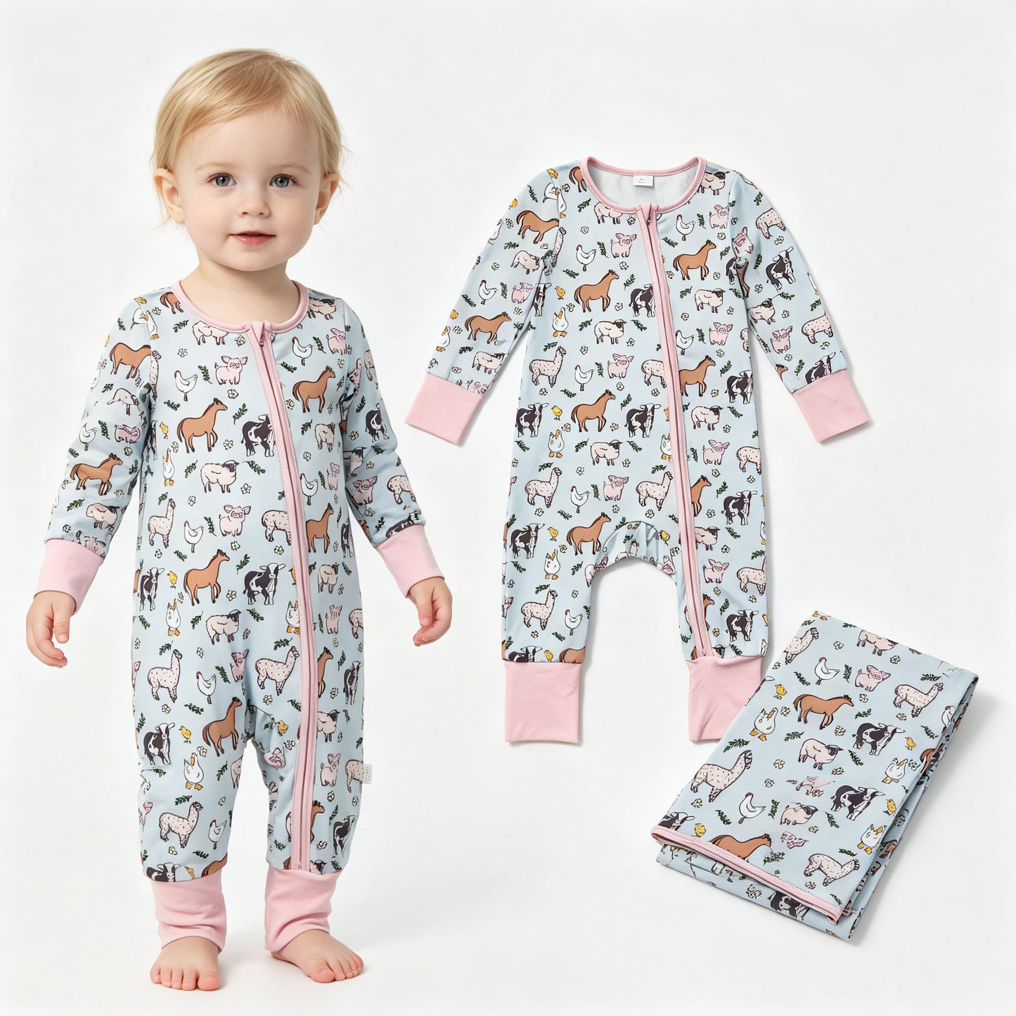 LR2401 Farm Animals Girls Pink Zippy Long Sleeve Romper 202607 RTS