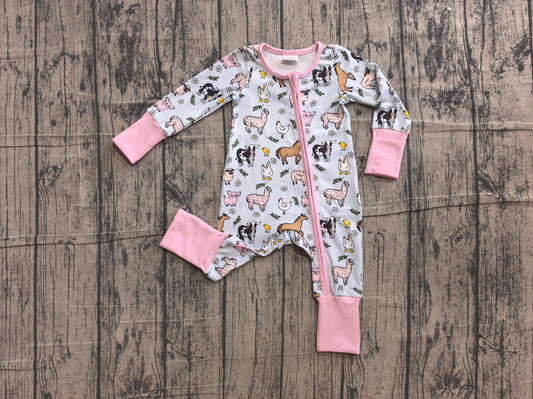NO MOQ Preorder LR2401 Farm Animals Girls Pink Zippy Long Sleeve Romper 202606