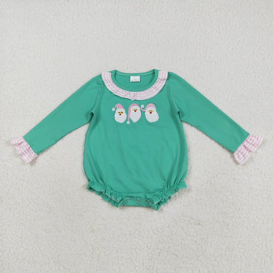 LR2411 Embroidered Sibling Girls Boutique Santa Claus Blue Green Ruffle Long Sleeve Bubble Romper 202508 RTS