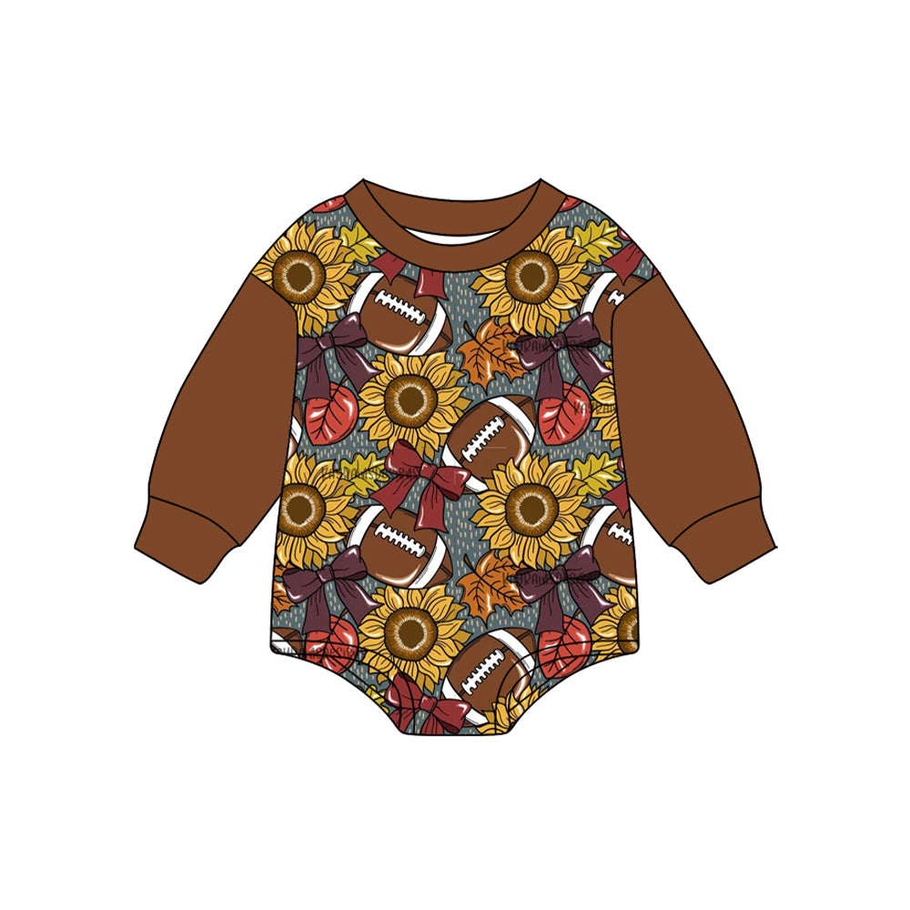Preorder LR2417 Sibling Boys Boutique Rugby Sunflower Bow Brown Long Sleeve Bubble Romper 202507