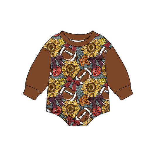 Preorder LR2417 Sibling Boys Boutique Rugby Sunflower Bow Brown Long Sleeve Bubble Romper 202507