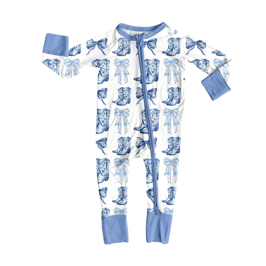 Preorder LR2420 Bow Boots Blue Zippy Long Sleeve Girls Romper 202507
