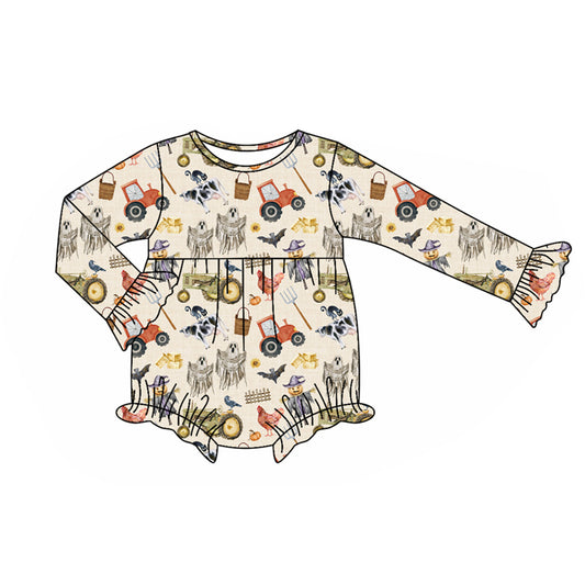 Preorder LR2421 Halloween Ghost Farm Animals Beige Ruffle Long Sleeve Girls Bubble Romper 202507