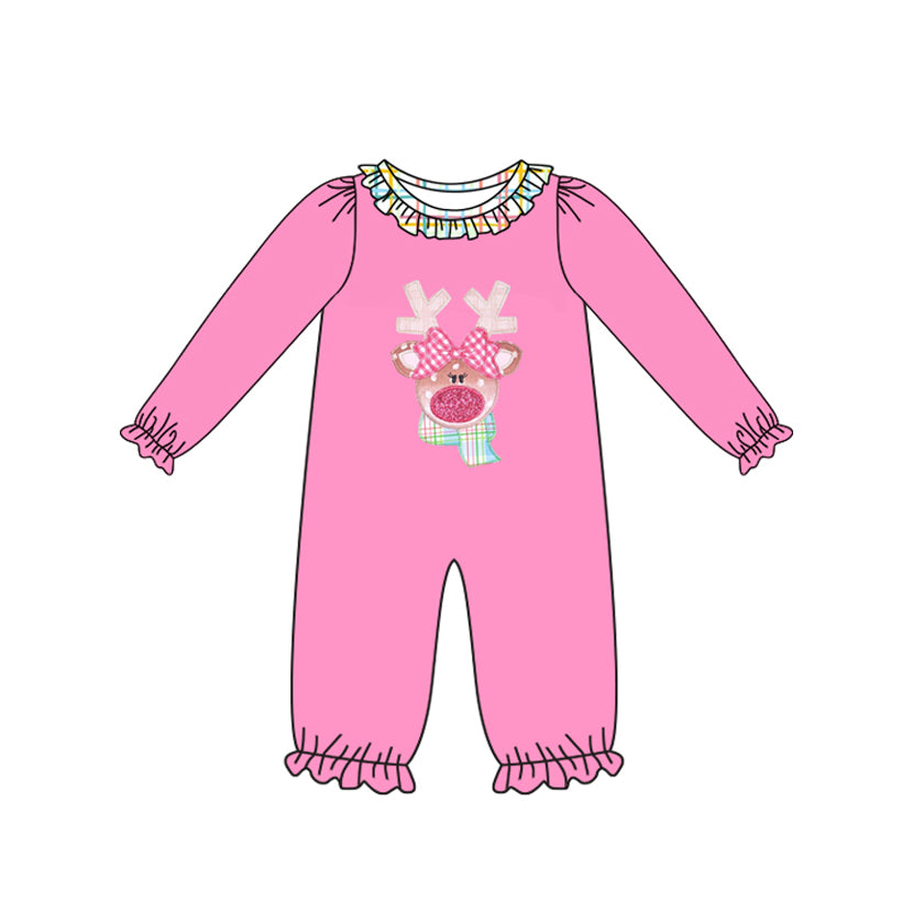 Preorder LR2426 Christmas Reindeer Bows Pink Long Sleeve Girls Romper 202507
