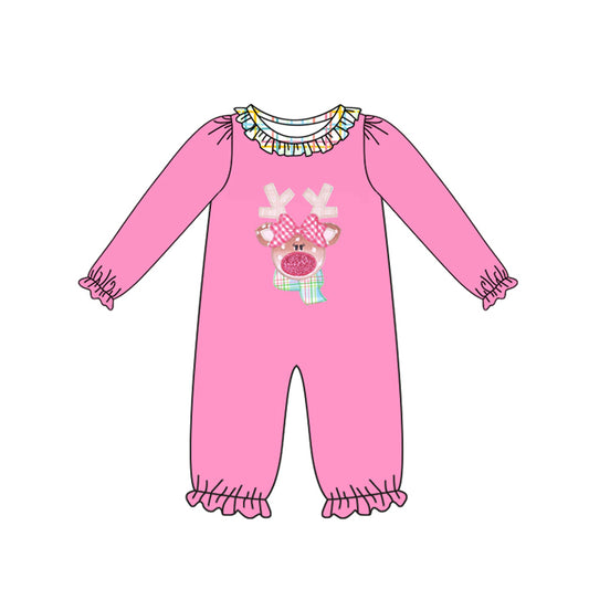 Preorder LR2426 Christmas Reindeer Bows Pink Long Sleeve Girls Romper 202507