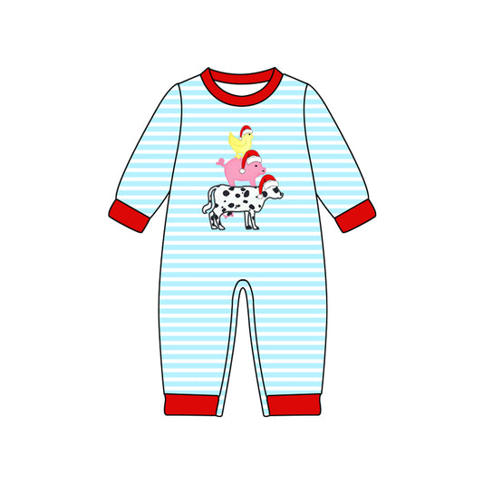 Preorder LR2429 Sibling Christmas Farm Animals Blue Stripe Red O-Neck Long Sleeve Girls Romper 202507