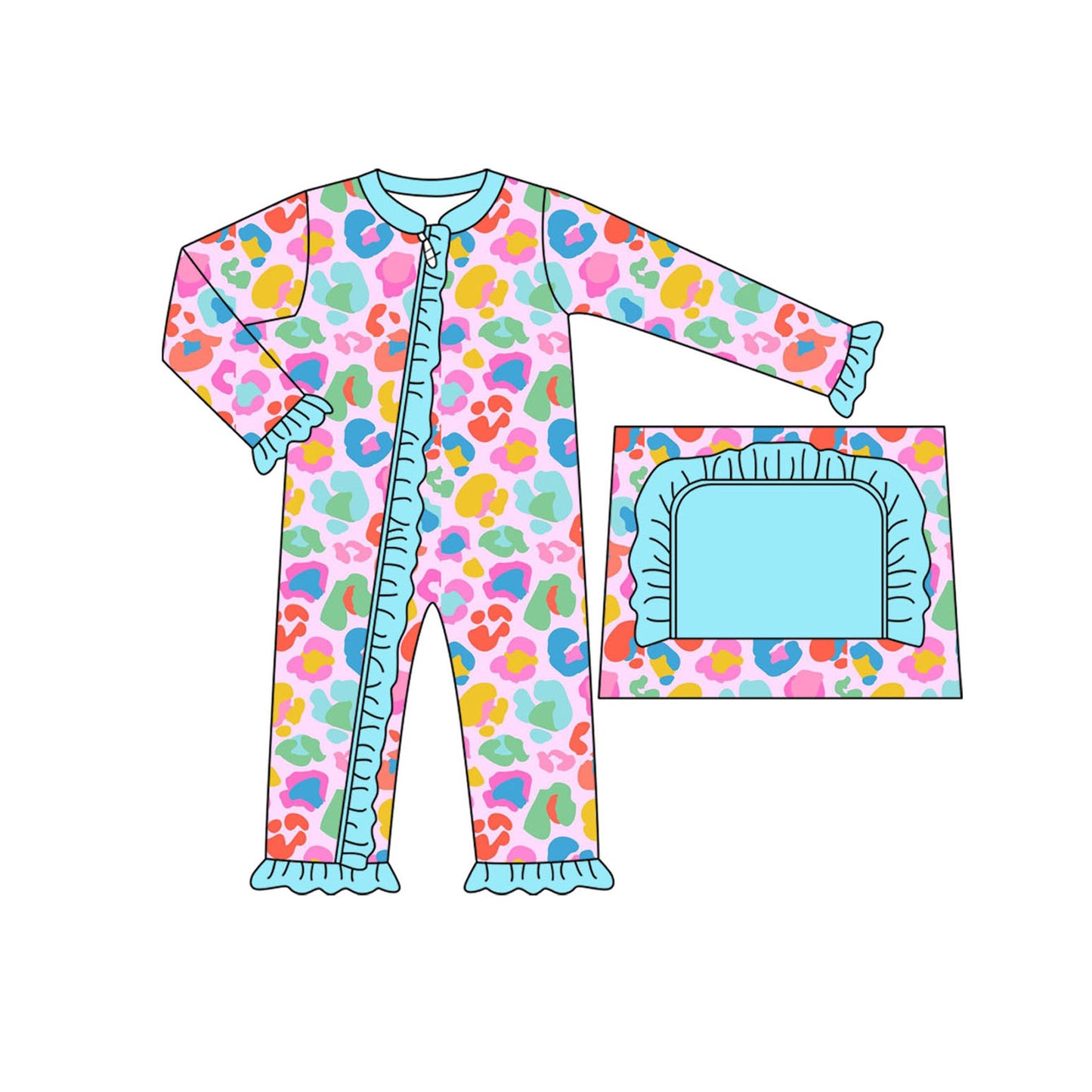 Preorder LR2431 Colored Leopard Blue Ruffle Zippy Long Sleeve Girls Romper 202507