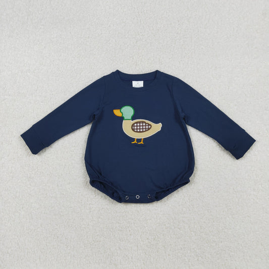 LR2436 Embroidered Duck Hunting Navy Blue Long Sleeve Boys Bubble Romper 202509 RTS