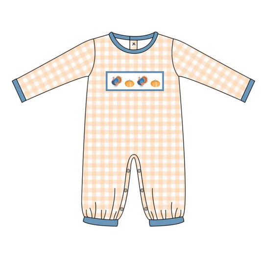 Preorder LR2437 Thanksgiving Turkey Beige Plaid Long Sleeve Boys Romper 202507