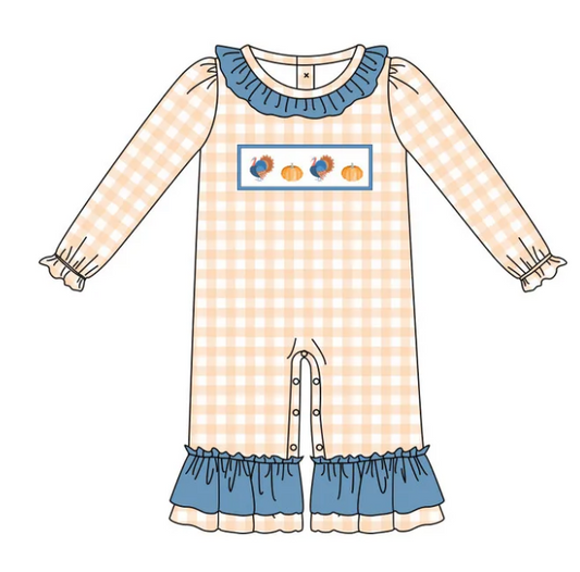 Preorder LR2438 Thanksgiving Turkey Beige Plaid Blue Ruffle Long Sleeve Girls Romper 202507