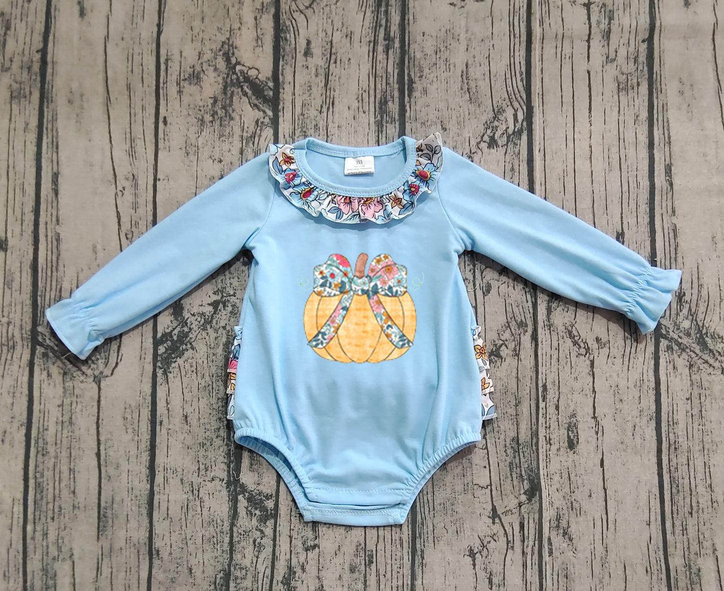 Preorder LR2441 Embroidered Pumpkin Bows Floral Ruffle Blue Long Sleeve Girls Bubble Romper 202508