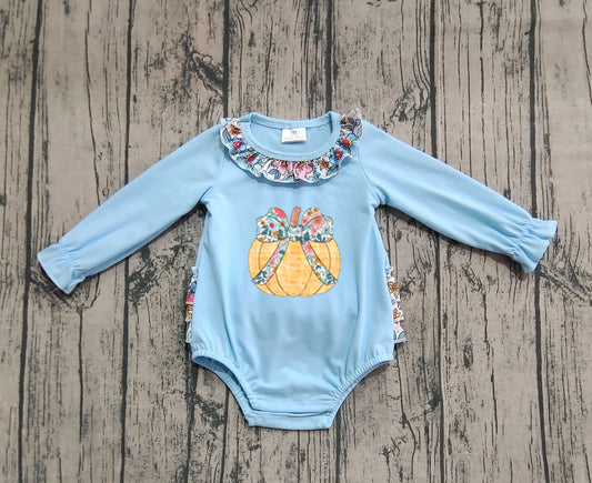 Preorder LR2441 Embroidered Pumpkin Bows Floral Ruffle Blue Long Sleeve Girls Bubble Romper 202508