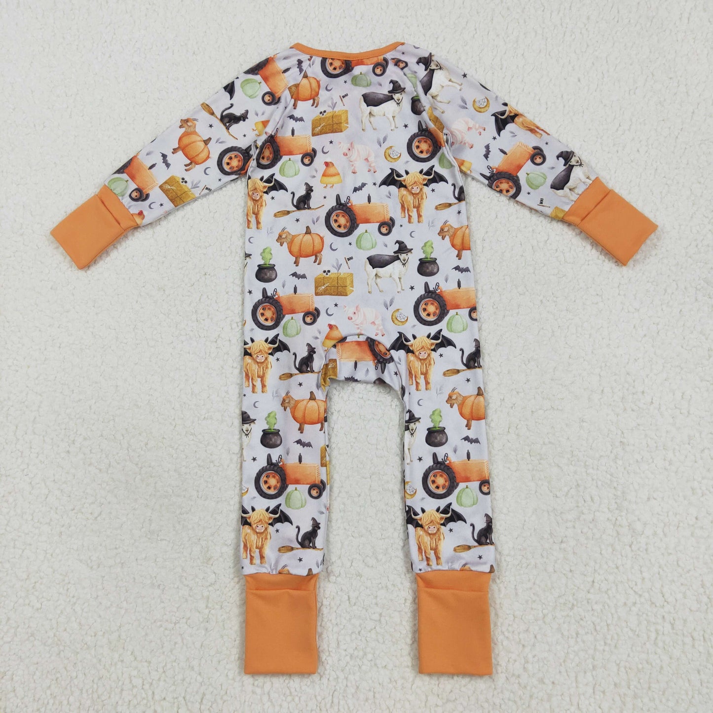 LR2444 Halloween Farm Animals Orange Zippy Long Sleeve Boys Romper 202508 RTS