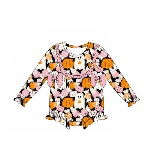 Preorder LR2445 Halloween Ghost Bows Orange Pink Ruffle Long Sleeve Girls Bubble Romper 202507