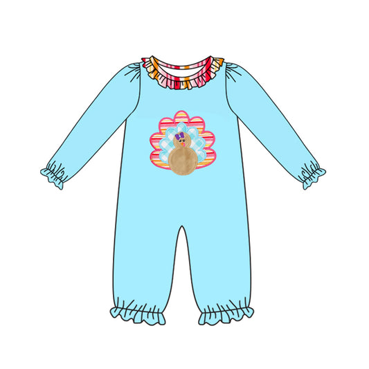 Preorder LR2449 Thanksgiving Turkey Red Orange Stripe Ruffle Blue Long Sleeve Girls Romper 202507