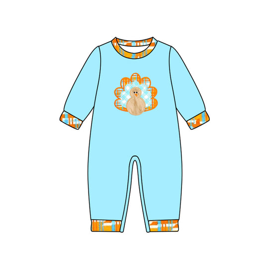 Preorder LR2450 Thanksgiving Turkey Orange O-Neck Blue Long Sleeve Boys Romper 202507