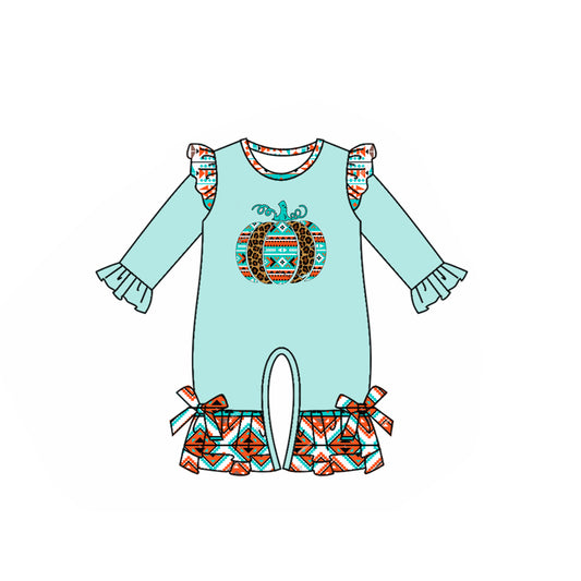 Preorder LR2452 Leopard Pumpkin Geometric Blue Green Ruffle Long Sleeve Girls Romper 202507