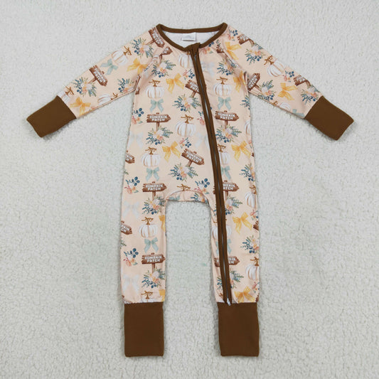 LR2462 Thanksgiving Pumpkin Brown Zipper Long Sleeve Boys Romper 202508 RTS