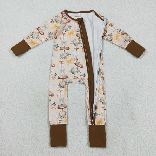 LR2462 Thanksgiving Pumpkin Brown Zipper Long Sleeve Boys Romper 202508 RTS