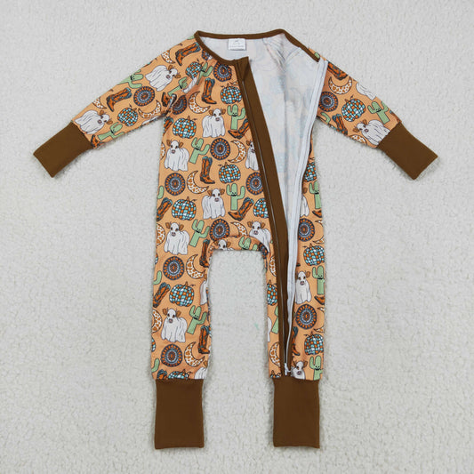 LR2463 Cattle Cactus Cowboy Brown Zipper Long Sleeve Boys Romper 202508 RTS