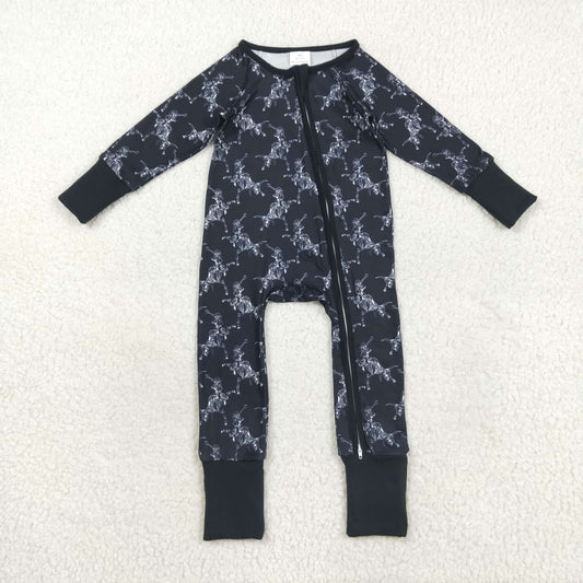 LR2466 Halloween Cowboy Skull Black Zipper Long Sleeve Boys Romper 202508 RTS