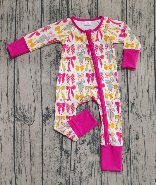 Preorder LR2468 Bows Pattern Rose Red Zipper Long Sleeve Girls Romper 202508