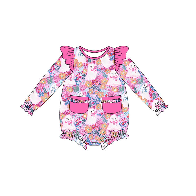 Preorder LR2471 Halloween Floral Bows Ghost Pocket Rose Red Ruffle Long Sleeve Girls Bubble Romper 202507