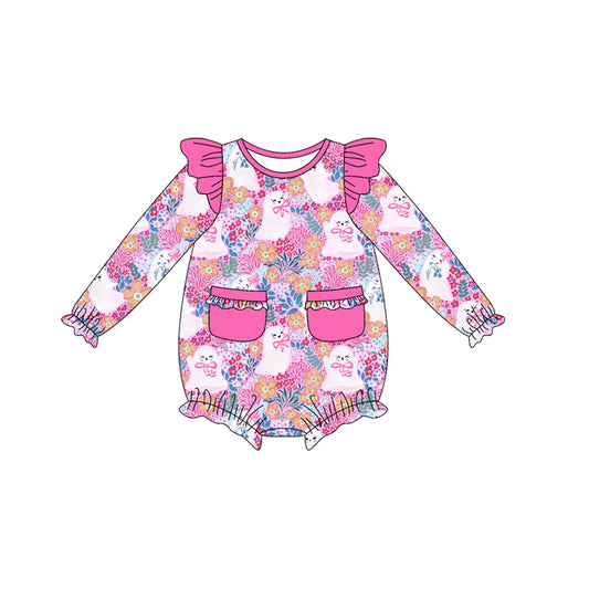 Preorder LR2471 Halloween Floral Bows Ghost Pocket Rose Red Ruffle Long Sleeve Girls Bubble Romper 202507