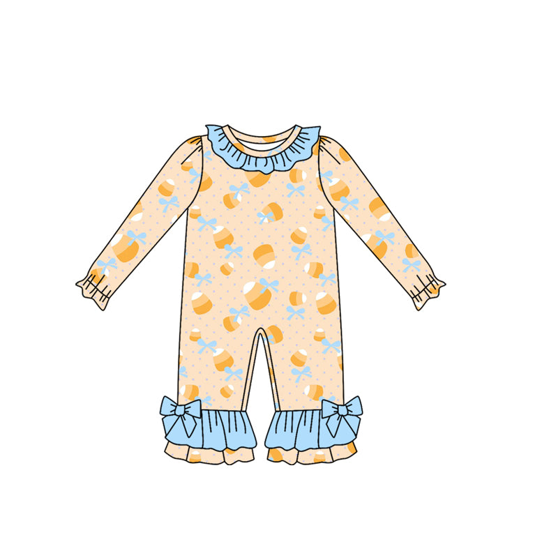 Preorder LR2472 Candy Bows Blue Ruffle Long Sleeve Girls Romper 202507