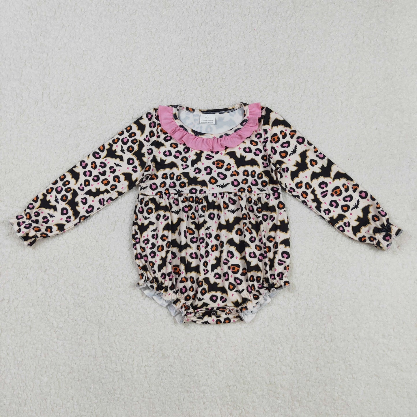 LR2473 Bats Leopard Pink Ruffle Long Sleeve Girls Bubble Romper 202508 RTS