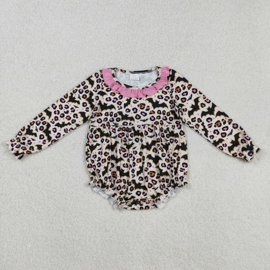 LR2473 Bats Leopard Pink Ruffle Long Sleeve Girls Bubble Romper 202508 RTS