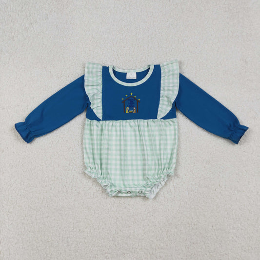LR2477 Embroidered Christmas Jesus Plaid Ruffle Long Sleeve Girls Bubble Romper 202509 RTS
