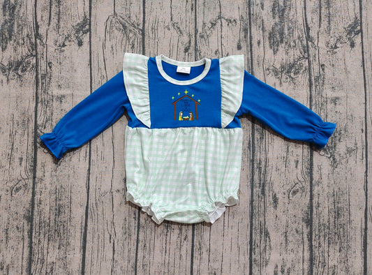 LR2477 Embroidered Christmas Jesus Plaid Ruffle Long Sleeve Girls Bubble Romper 202509 RTS