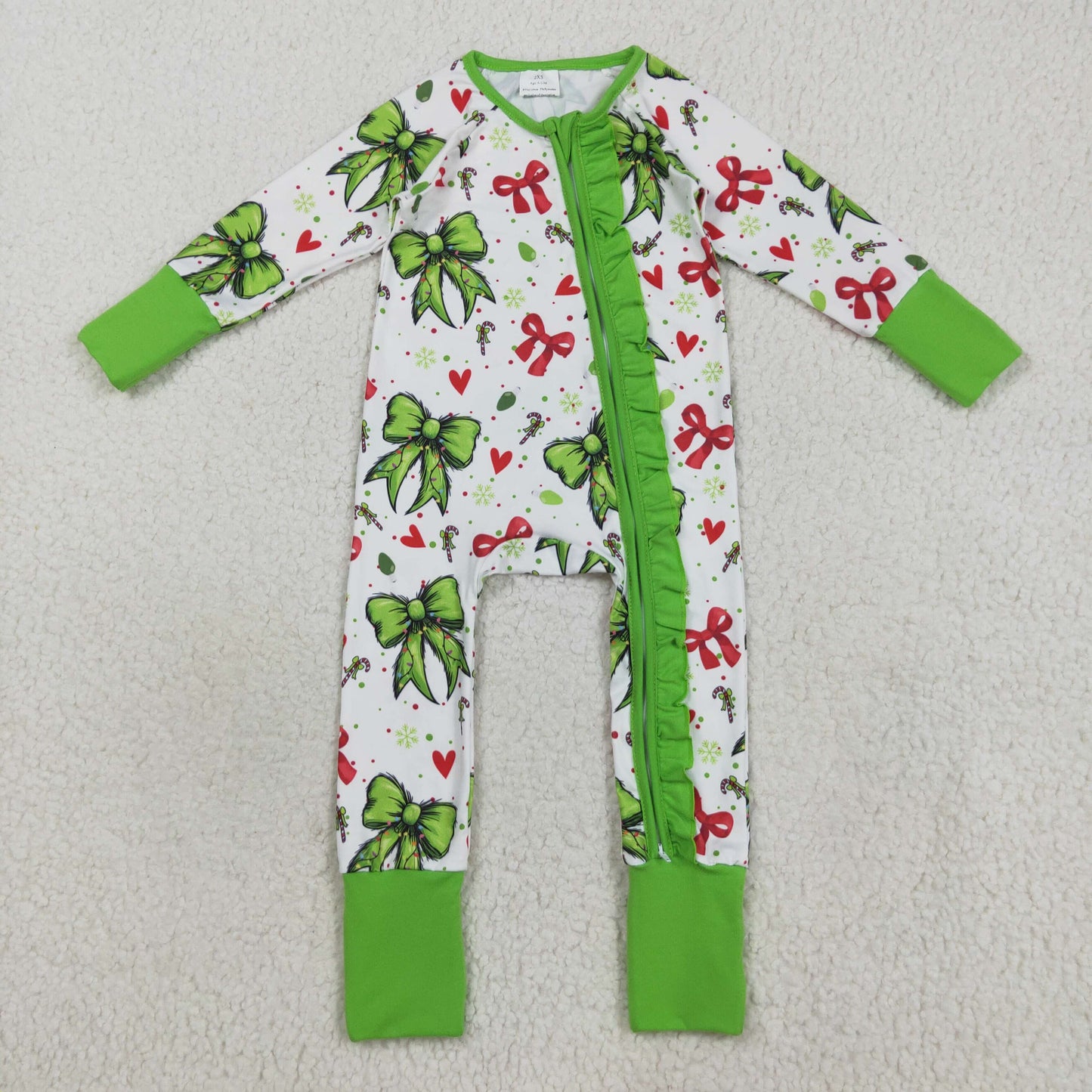LR2482 Christmas Love Heart Bows Green Zippy Long Sleeve Girls Romper 202508 RTS