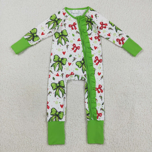 LR2482 Christmas Love Heart Bows Green Zippy Long Sleeve Girls Romper 202508 RTS