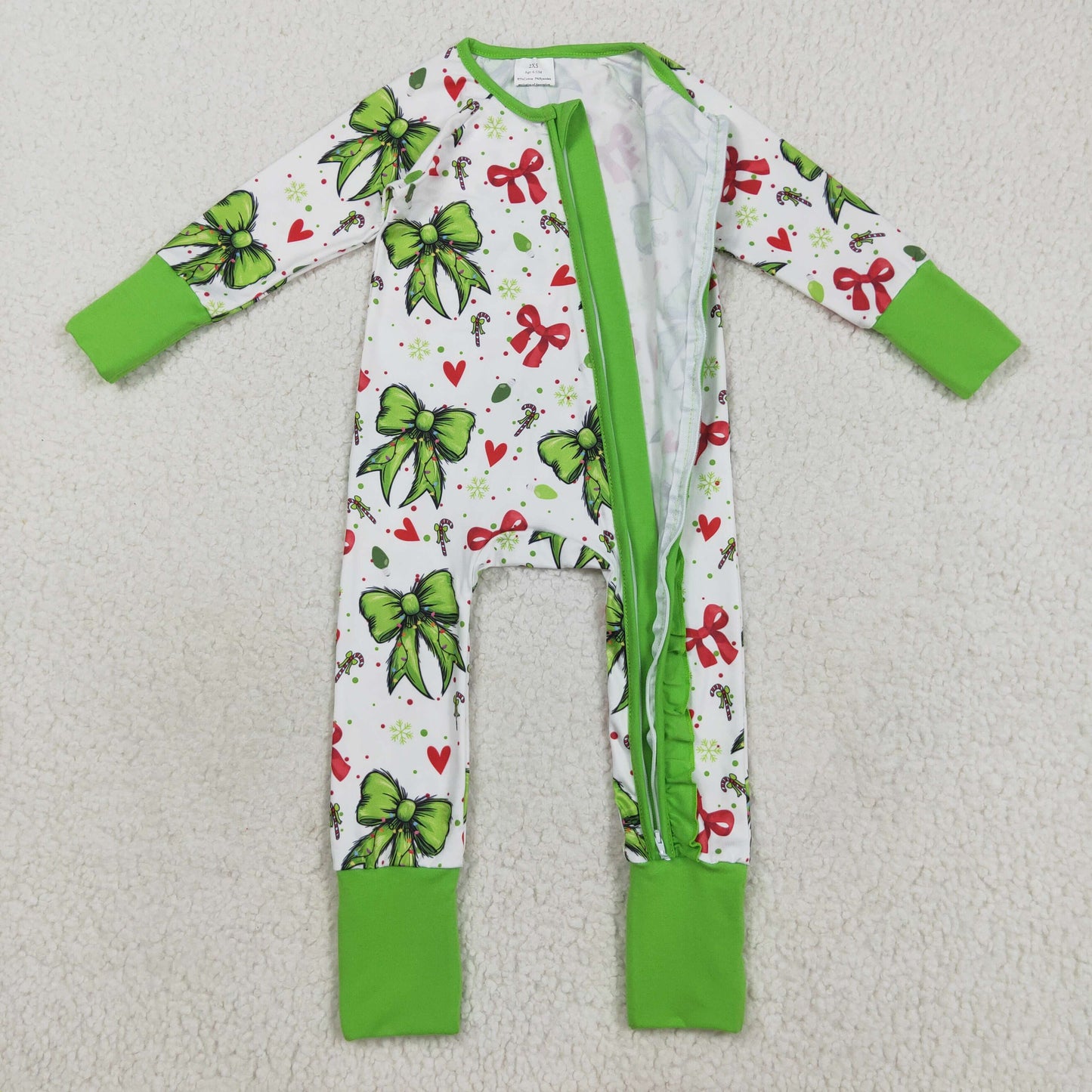 LR2482 Christmas Love Heart Bows Green Zippy Long Sleeve Girls Romper 202508 RTS