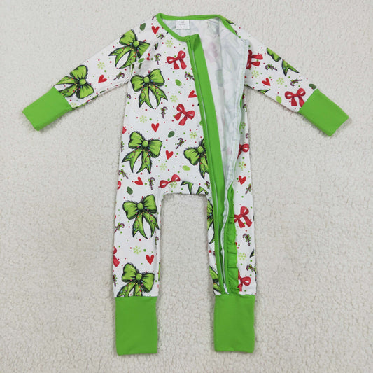 LR2482 Christmas Love Heart Bows Green Zippy Long Sleeve Girls Romper 202508 RTS
