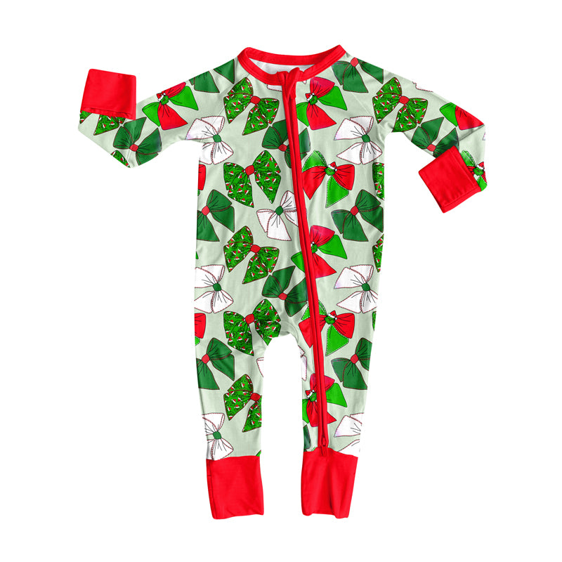 Preorder LR2485 Christmas Bows Red Green Zippy Long Sleeve Girls Romper 202507