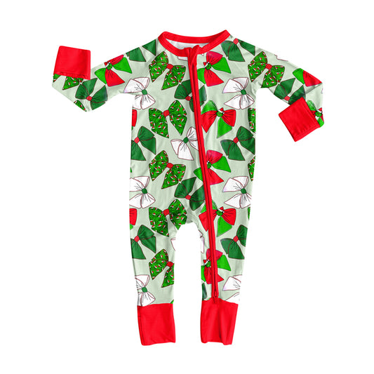 Preorder LR2485 Christmas Bows Red Green Zippy Long Sleeve Girls Romper 202507