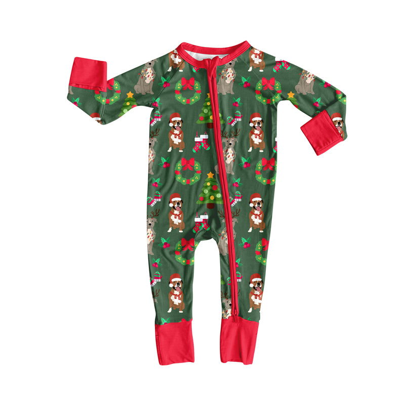 Preorder LR2487 Christmas Deer Puppy Red Green Zippy Long Sleeve Girls Romper 202507