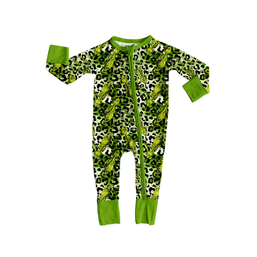 Preorder LR2488 Christmas Grinch Leopard Green Zippy Long Sleeve Girls Romper 202507
