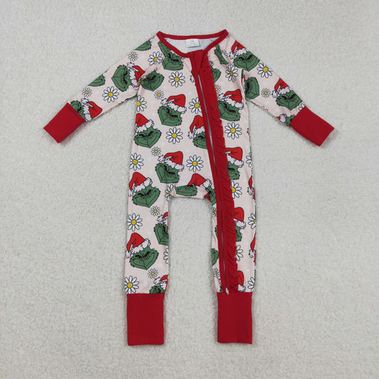 LR2489 Christmas Grinch Flower Red Ruffle Zipper Long Sleeve Girls Romper 202508 RTS
